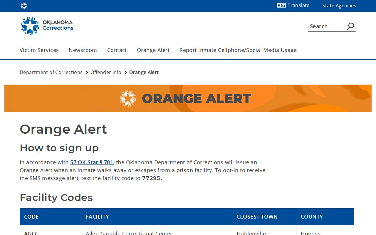 Mack Alford Correctional Center ATOKA Orange Alert release distinction
