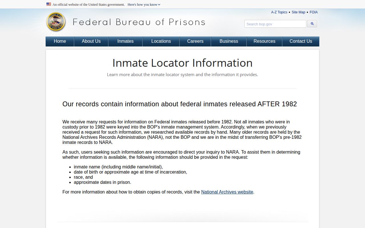 Federal Bureau of Prisons information about locator records for people released after 1982